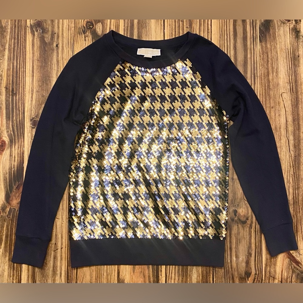 Michael Kors Houndstooth Sequin Black & Gold Sweater Sz S $110